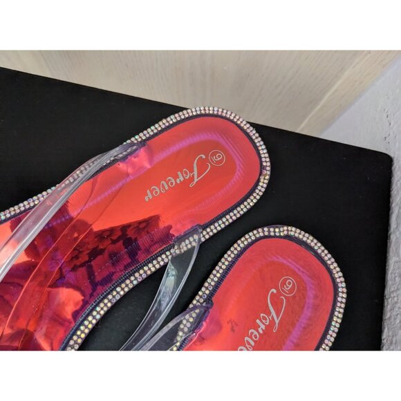 Forever Women’s Red Rhinestone Jelly Sandals Size 9 Flat Slip-On Summer Shoe - Picture 4 of 4